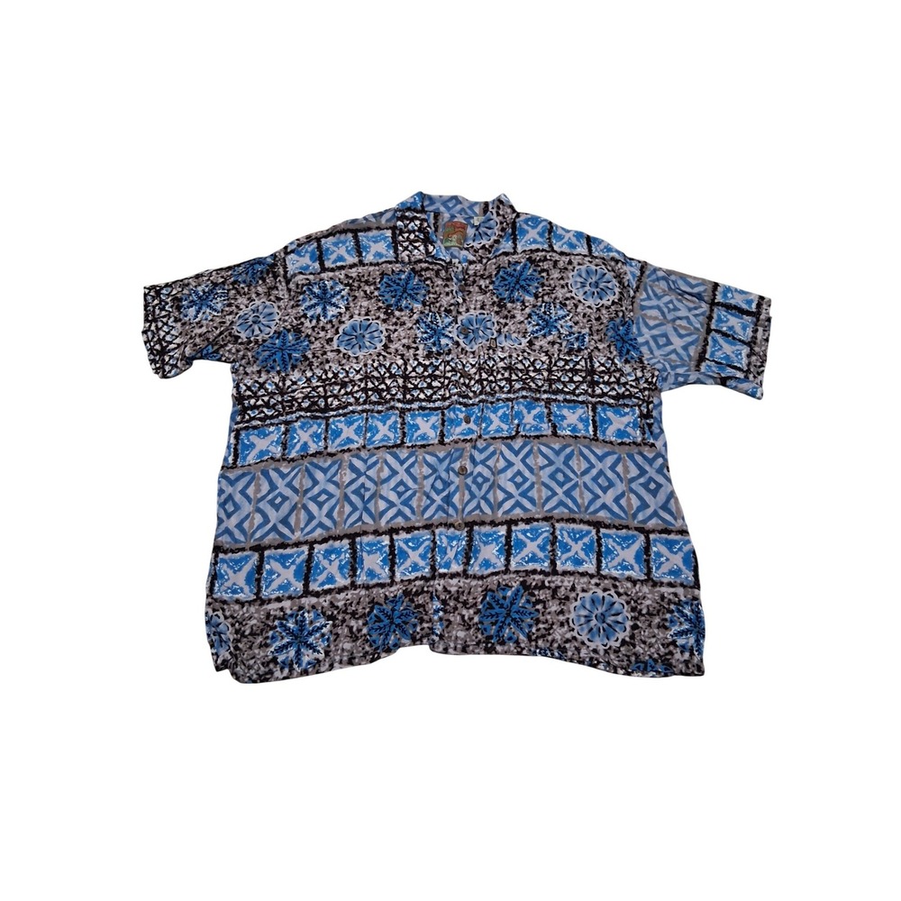 Pineapple Connection Mens 2XB Blue Geometric Floral Rayon Hawaiian Camp Shirt